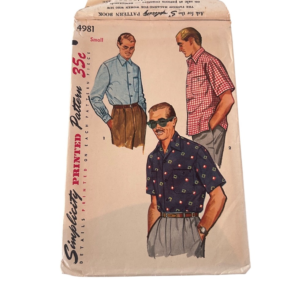 Simplicity Sewing Pattern 4981 Mens Sport Shirt Size Small Vintage 1950s Cut
